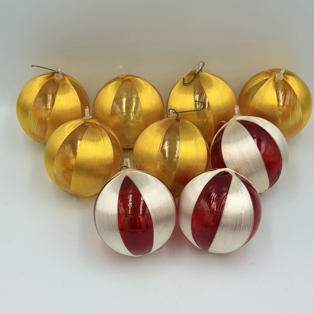 VTG MCM Lucite Silk Thread Wrapped‎ Christmas Ornaments Set 9 Red Gold 3" Balls